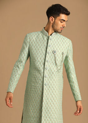 alt message - Manyavar Men Opal Green Sherwani image number 0