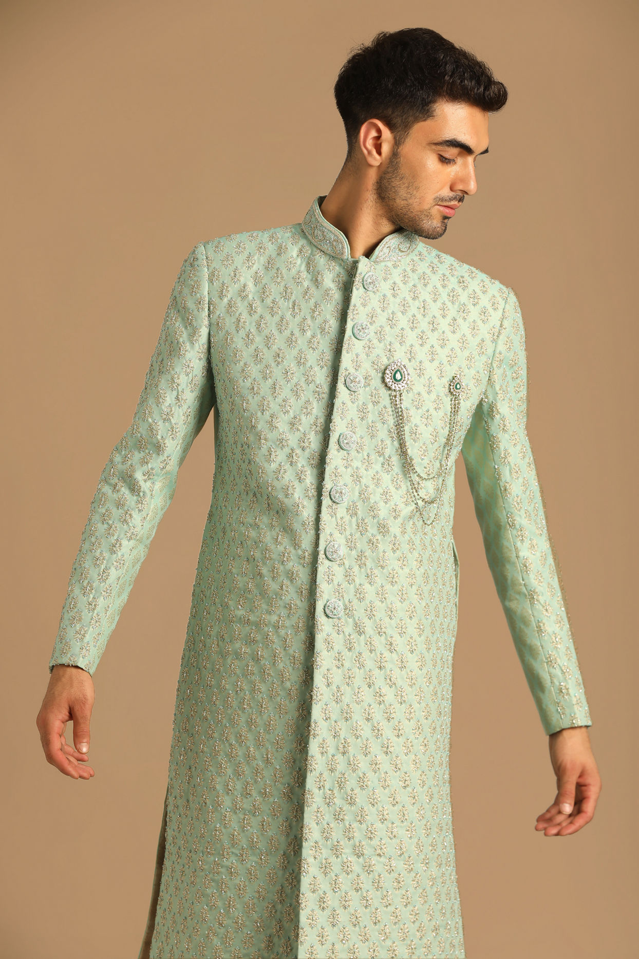 alt message - Manyavar Men Opal Green Sherwani image number 0