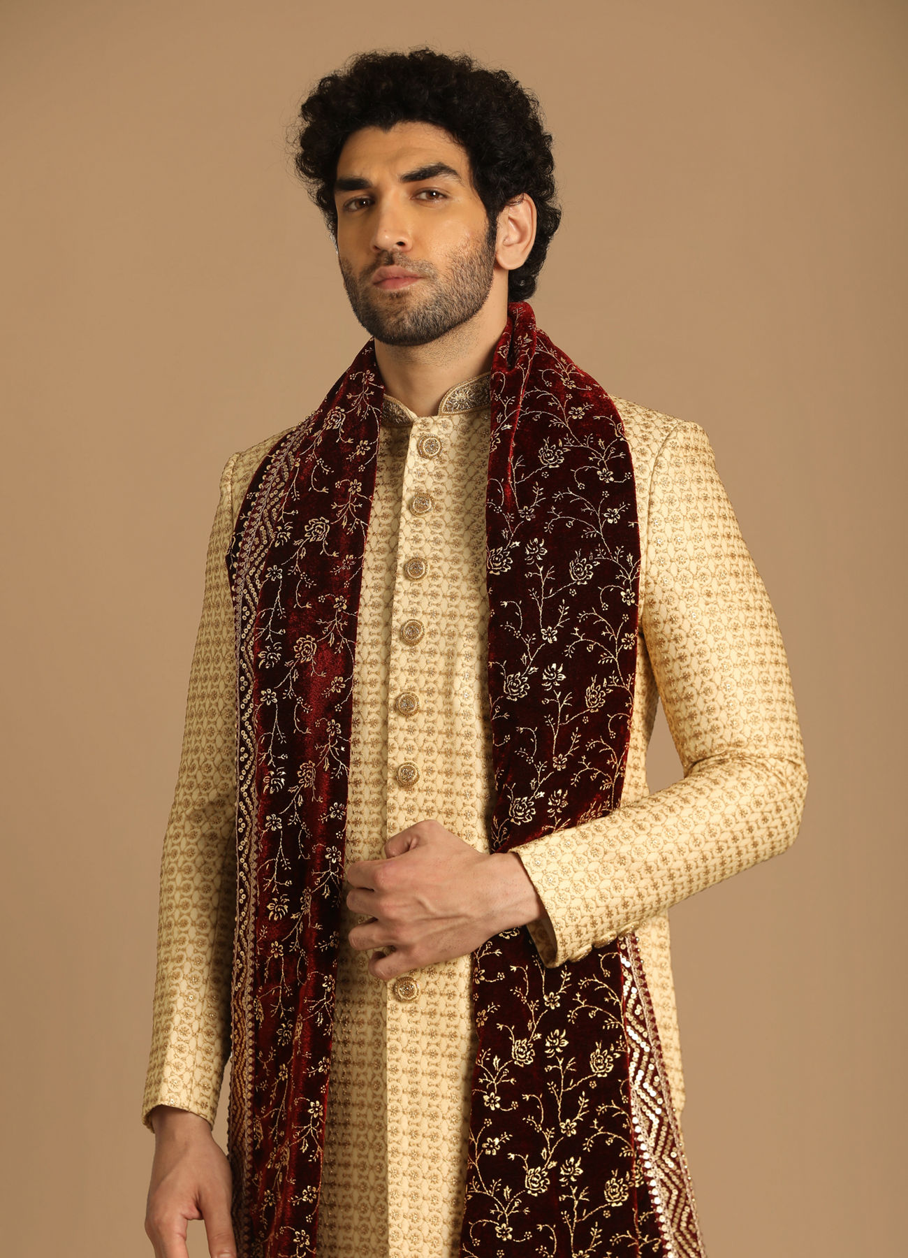 Manyavar Men Nouvelle Beige Sherwani