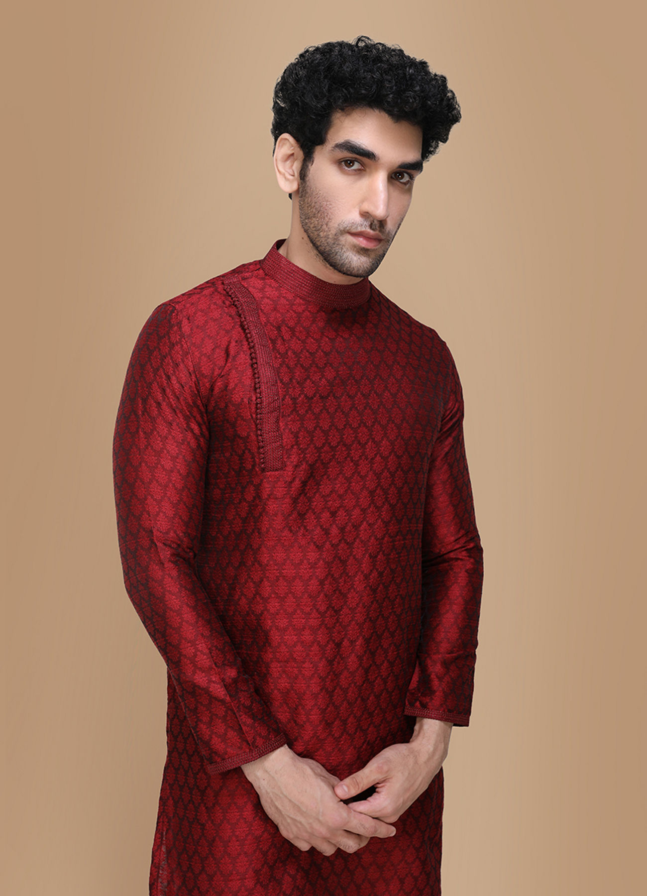 Manyavar Men Maroon Side Open Kurta Set