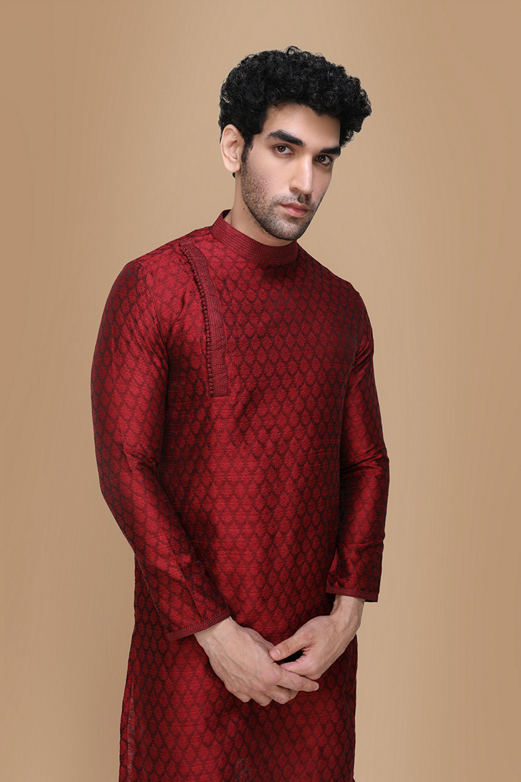 Manyavar Men Maroon Side Open Kurta Set