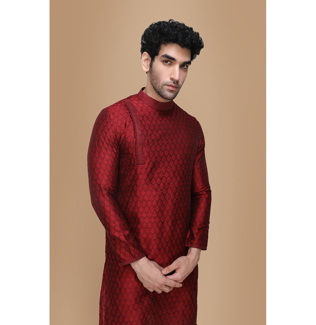 Manyavar Men Maroon Side Open Kurta Set