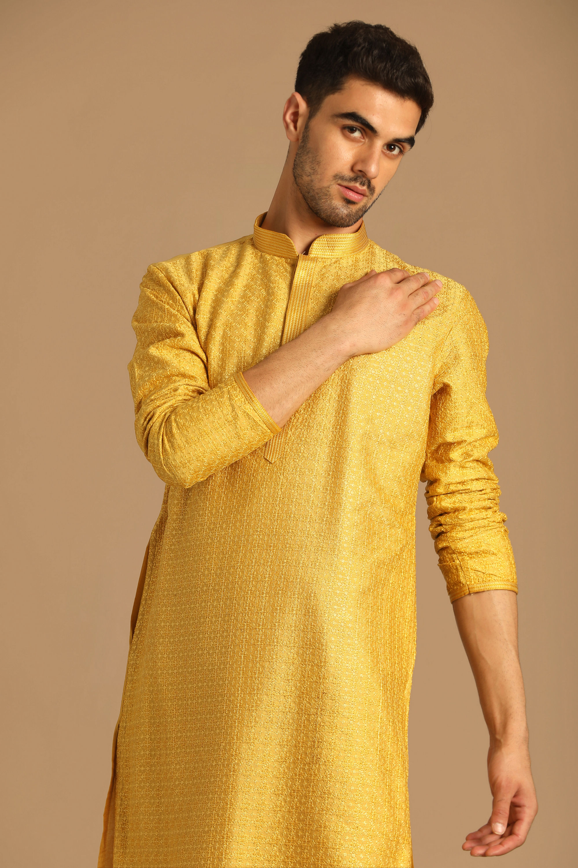 Manyavar Men Smart Fit Mustard Kurta Set