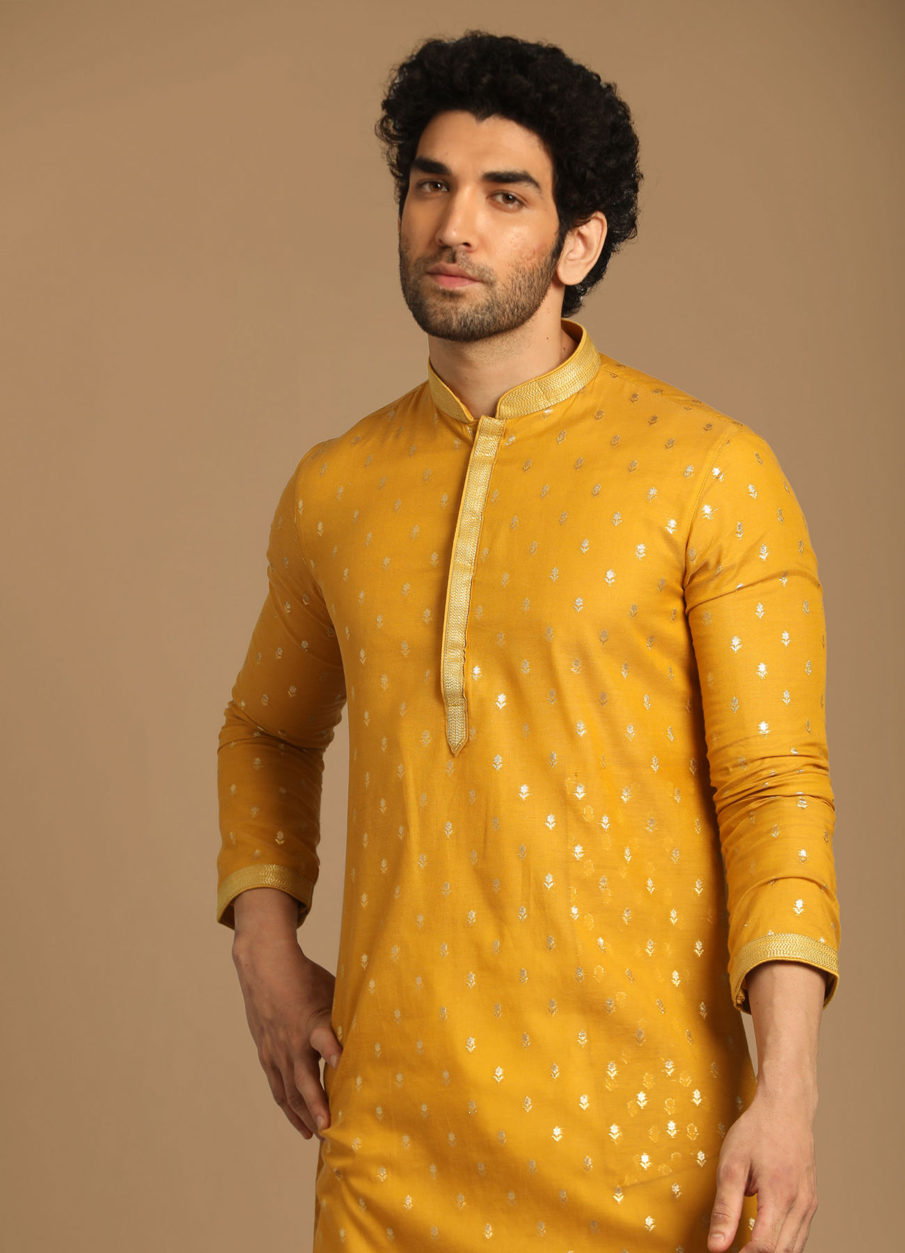 Manyavar Men Mustard Chanderi Kurta Set