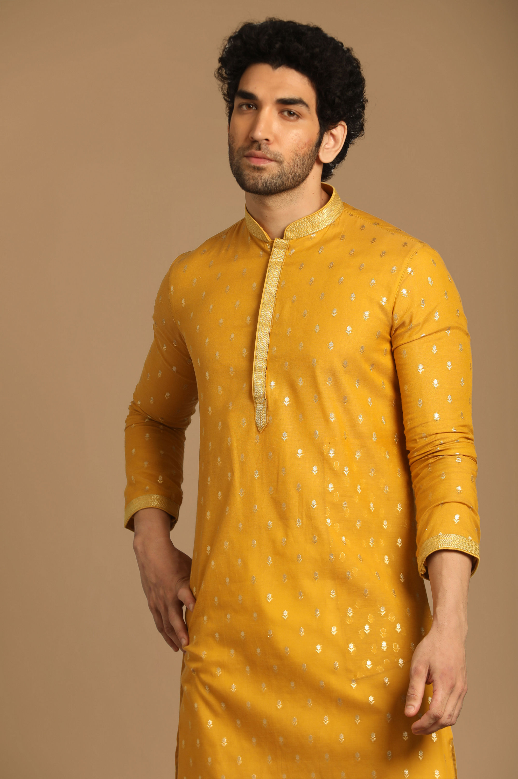 Manyavar Men Mustard Chanderi Kurta Set