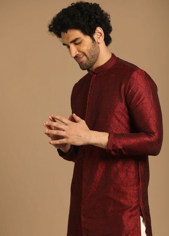 Manyavar Men Maroon Self design Kurta Set