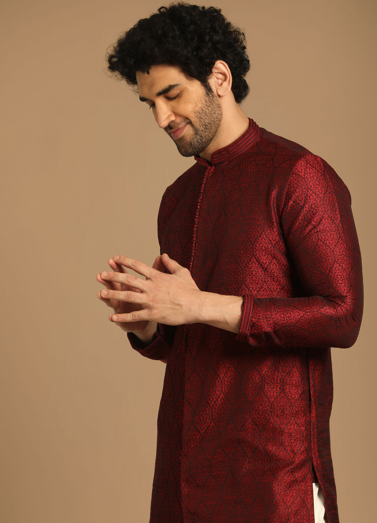 Manyavar Men Maroon Self design Kurta Set