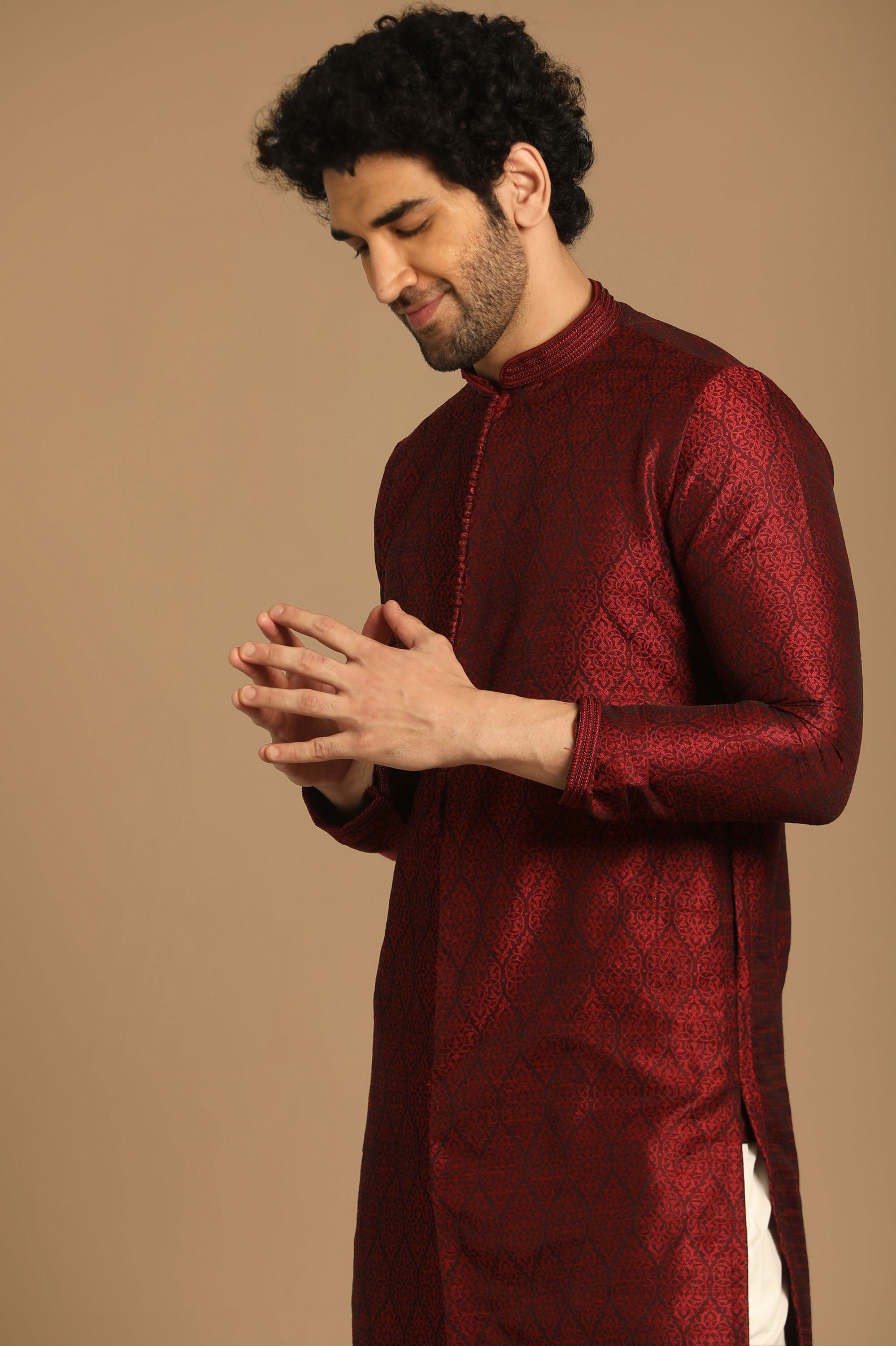 Manyavar Men Maroon Self design Kurta Set