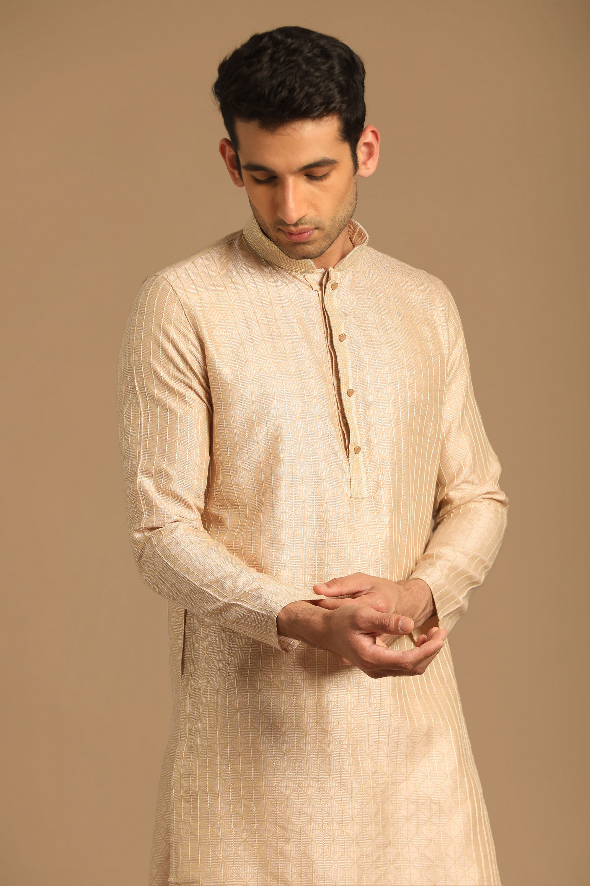 Manyavar Men Cream Jacquard Kurta Set