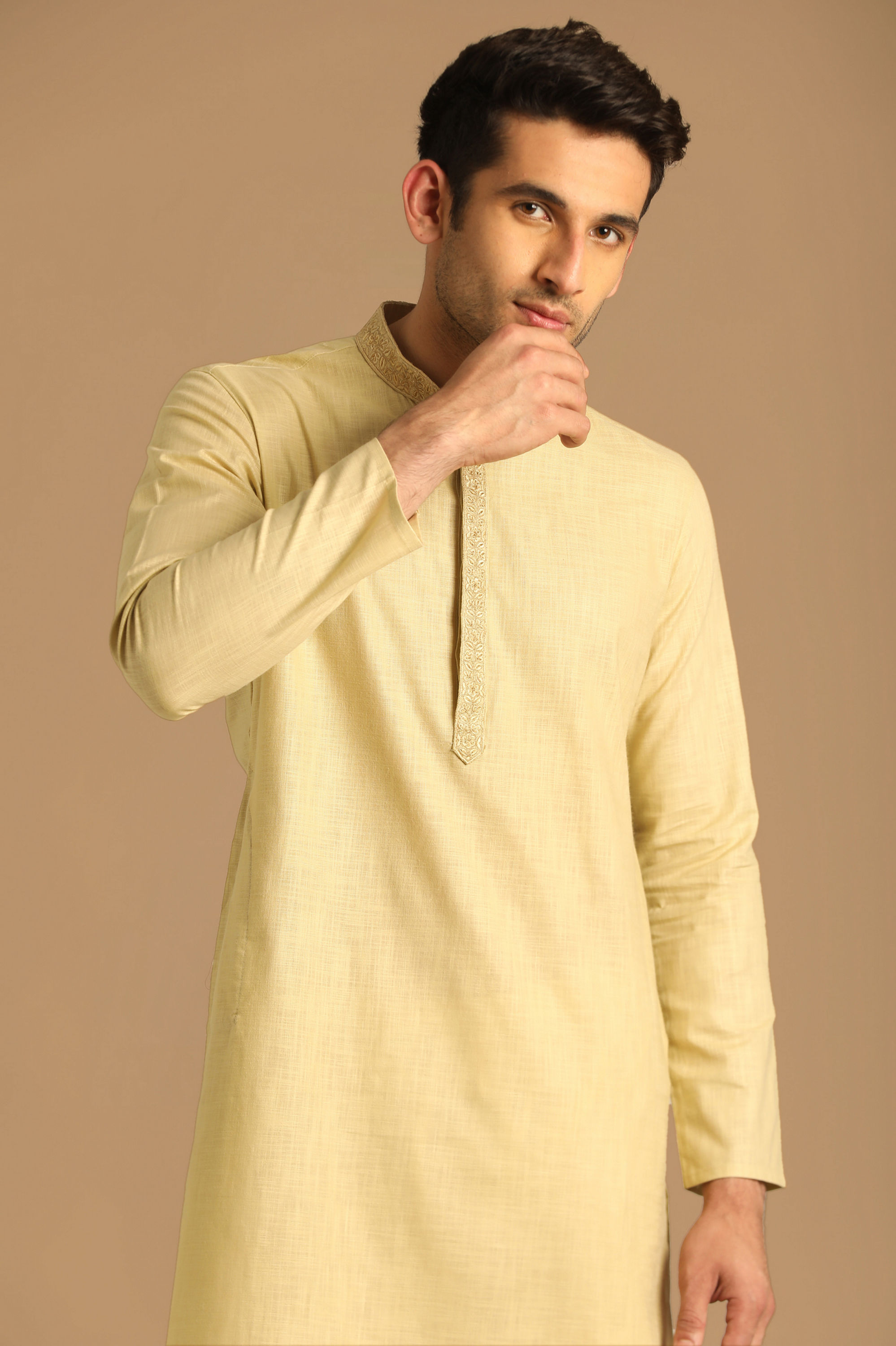 Manyavar Men Beige Solid Kurta Set