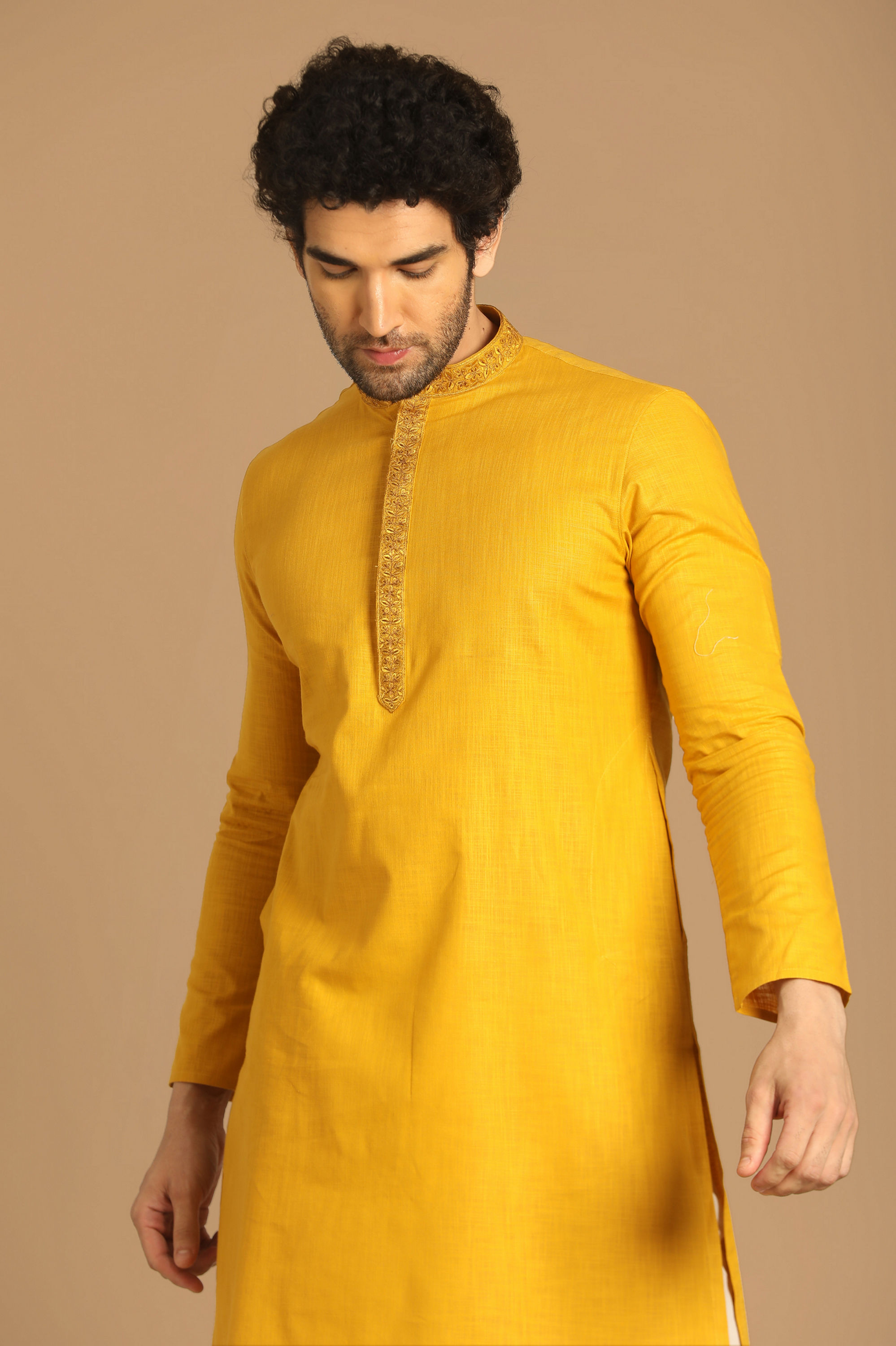 Manyavar Men Amber Yellow Plain Kurta Set