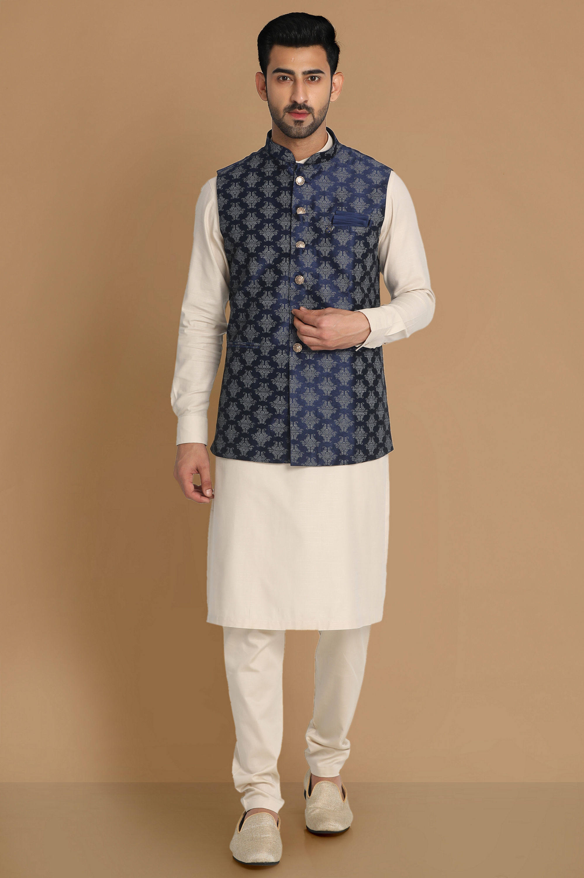 Manyavar Men Denim Blue Printed Jacket
