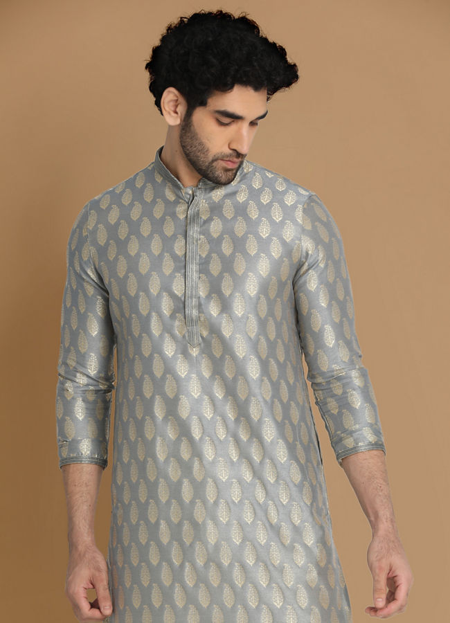 Manyavar Men Shale Grey Jacquard Kurta Set image number 0