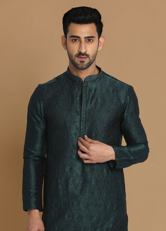 Manyavar Men Sober Bottle Green Kurta Pajama