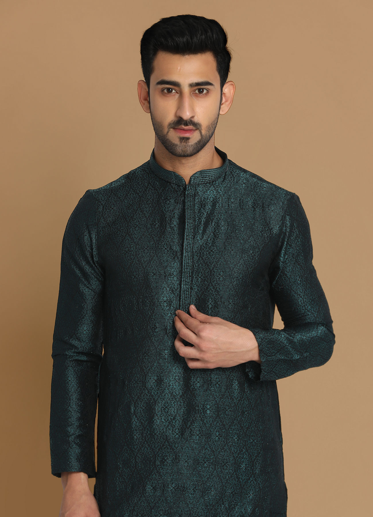 Manyavar Men Sober Bottle Green Kurta Pajama