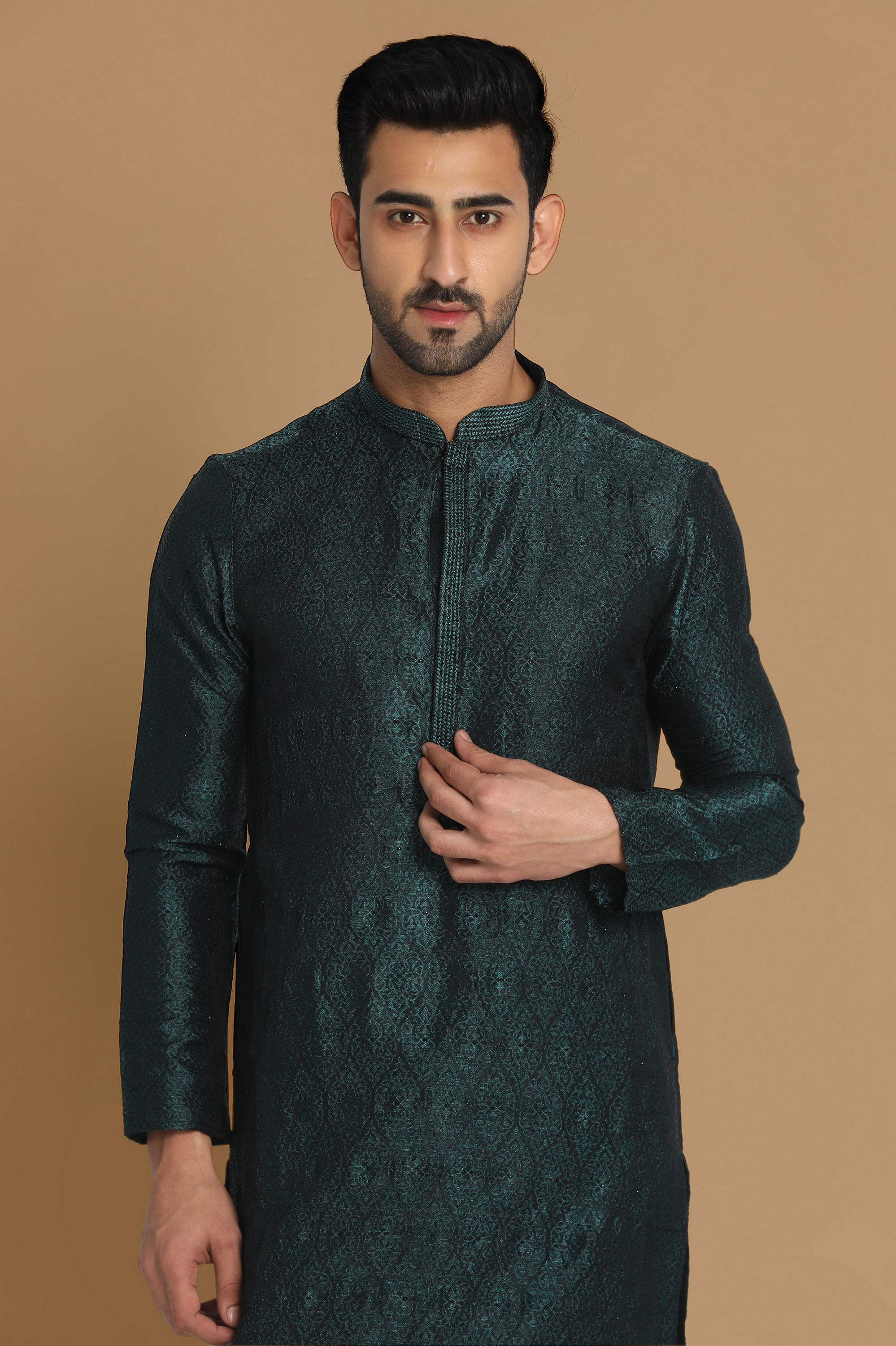 Manyavar Men Sober Bottle Green Kurta Pajama