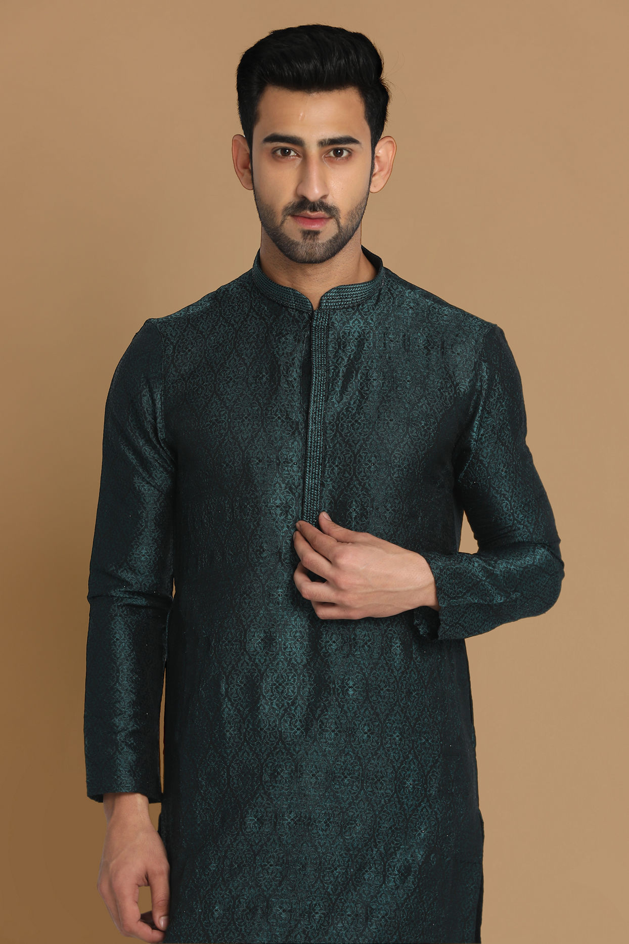 Manyavar Men Sober Bottle Green Kurta Pajama