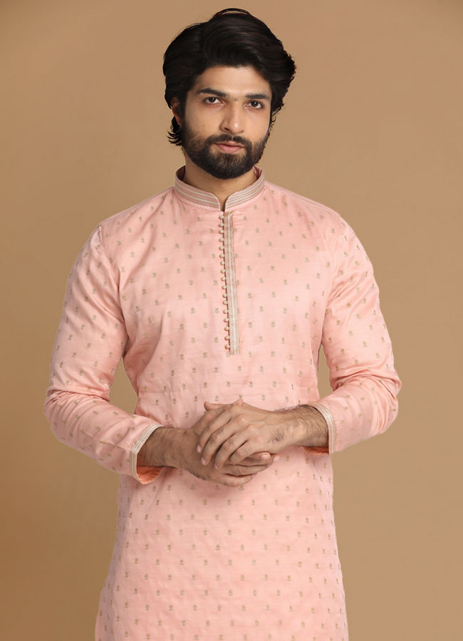 Manyavar Men Light Pink Kurta Pajama With Minimalist Motifs