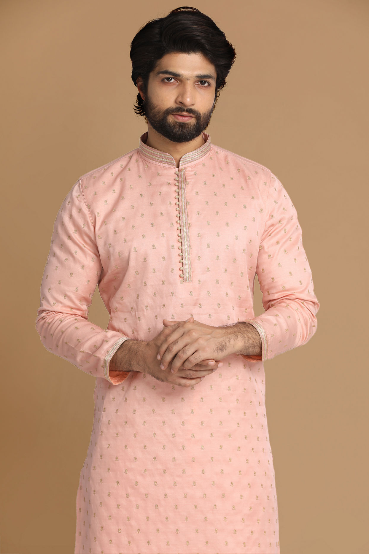 alt message - Manyavar Men Light Pink Kurta Pajama With Minimalist Motifs image number 0