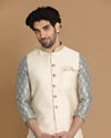 alt message - Manyavar Men Sea Shell White Self Design Modi Jacket image number 0