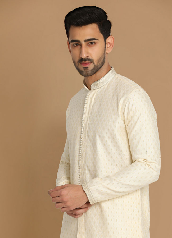 alt message - Manyavar Men Sea Shell White Self Motif Kurta Pajama image number 0