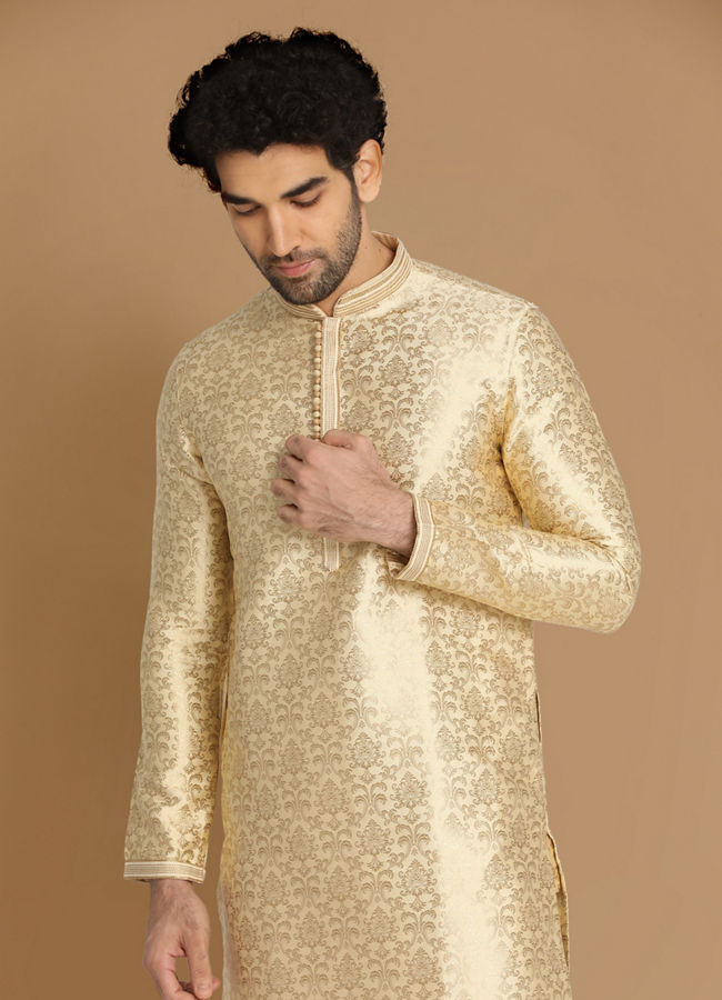 Manyavar Men Beige Jacquard Kurta Set