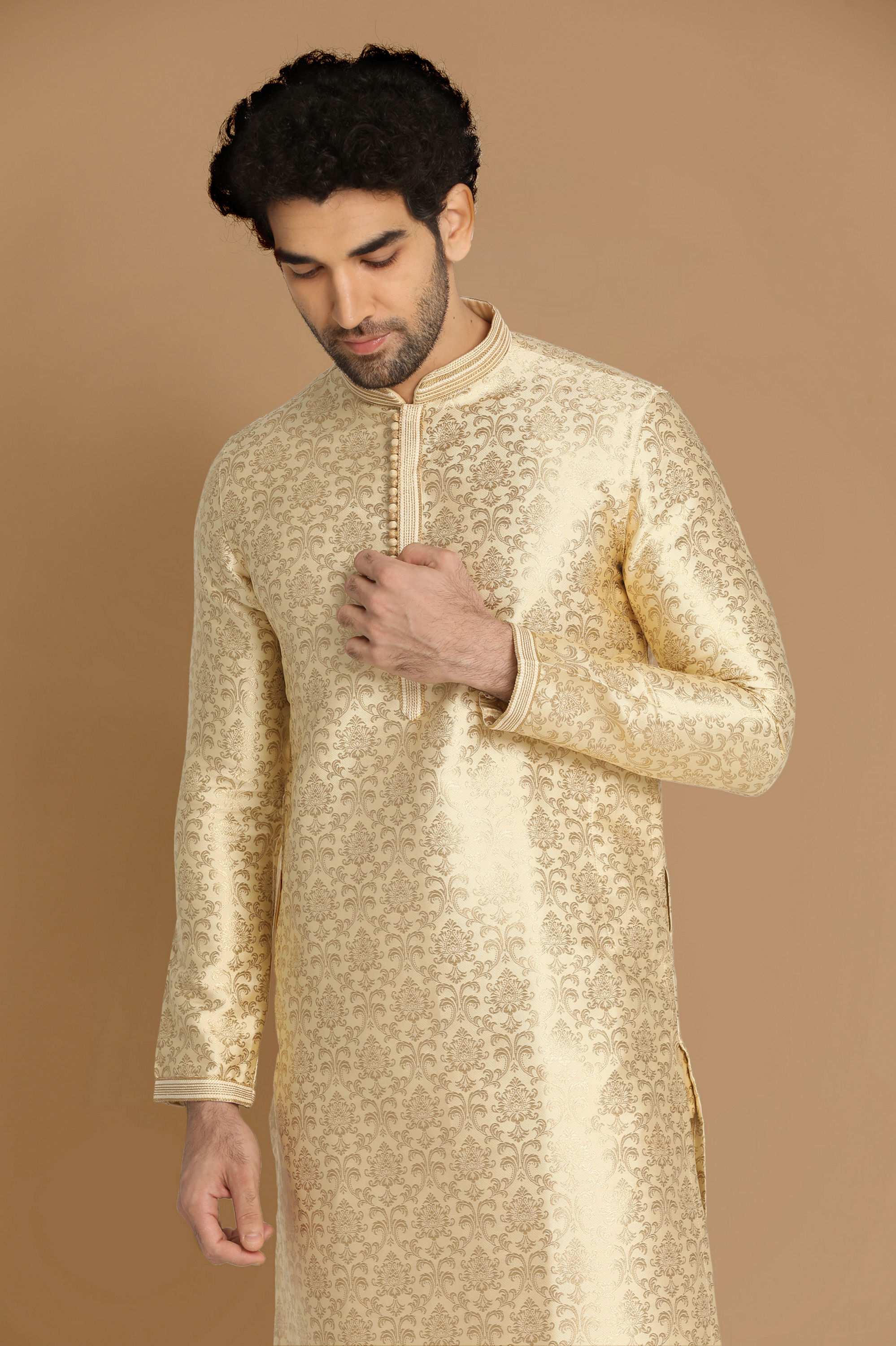 Manyavar Men Beige Jacquard Kurta Set