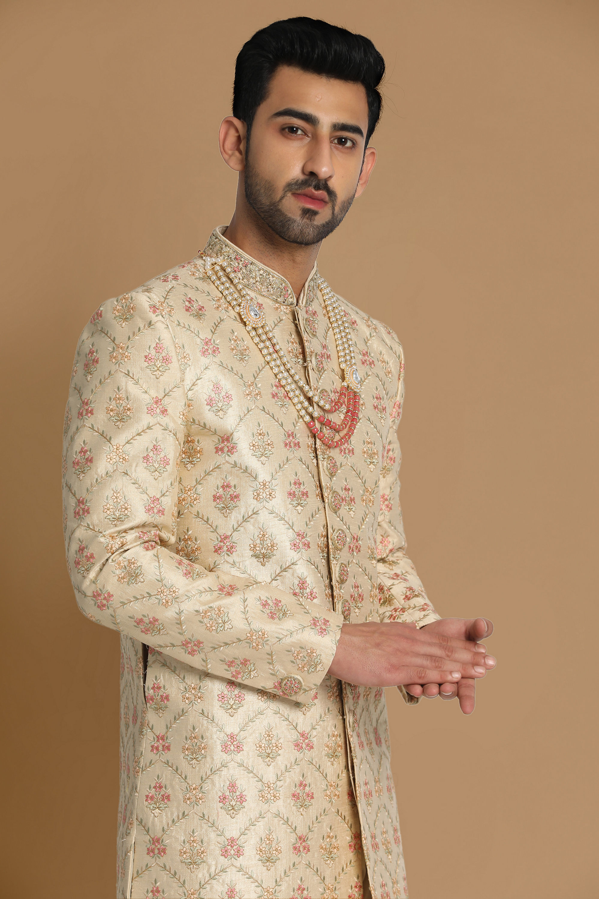 Manyavar Men Resplendent Beige Sherwani