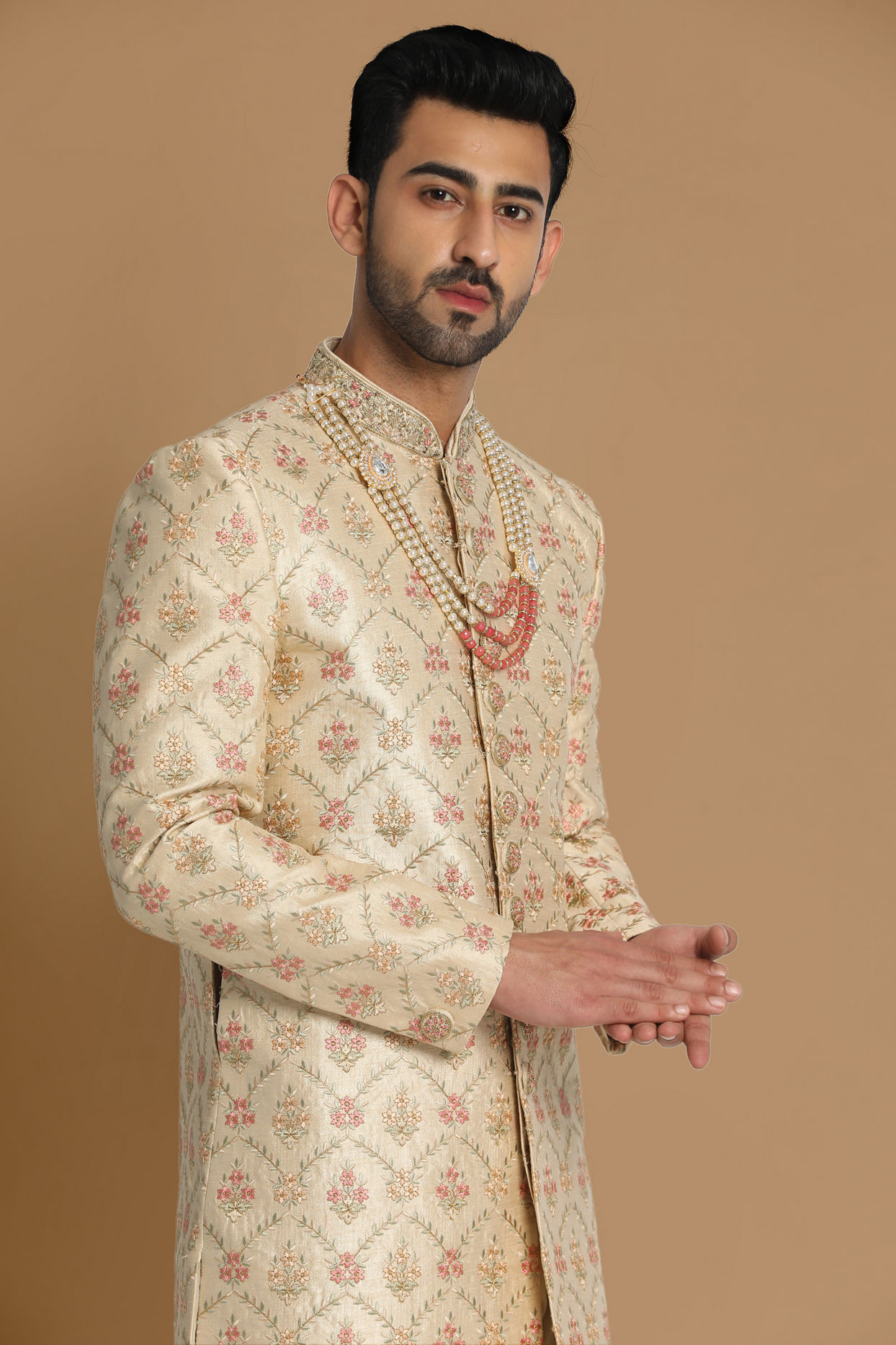 alt message - Manyavar Men Resplendent Beige Sherwani image number 0