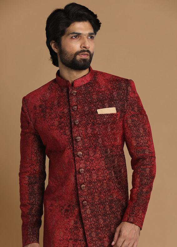 Manyavar Men Regal Maroon Indo Western Set