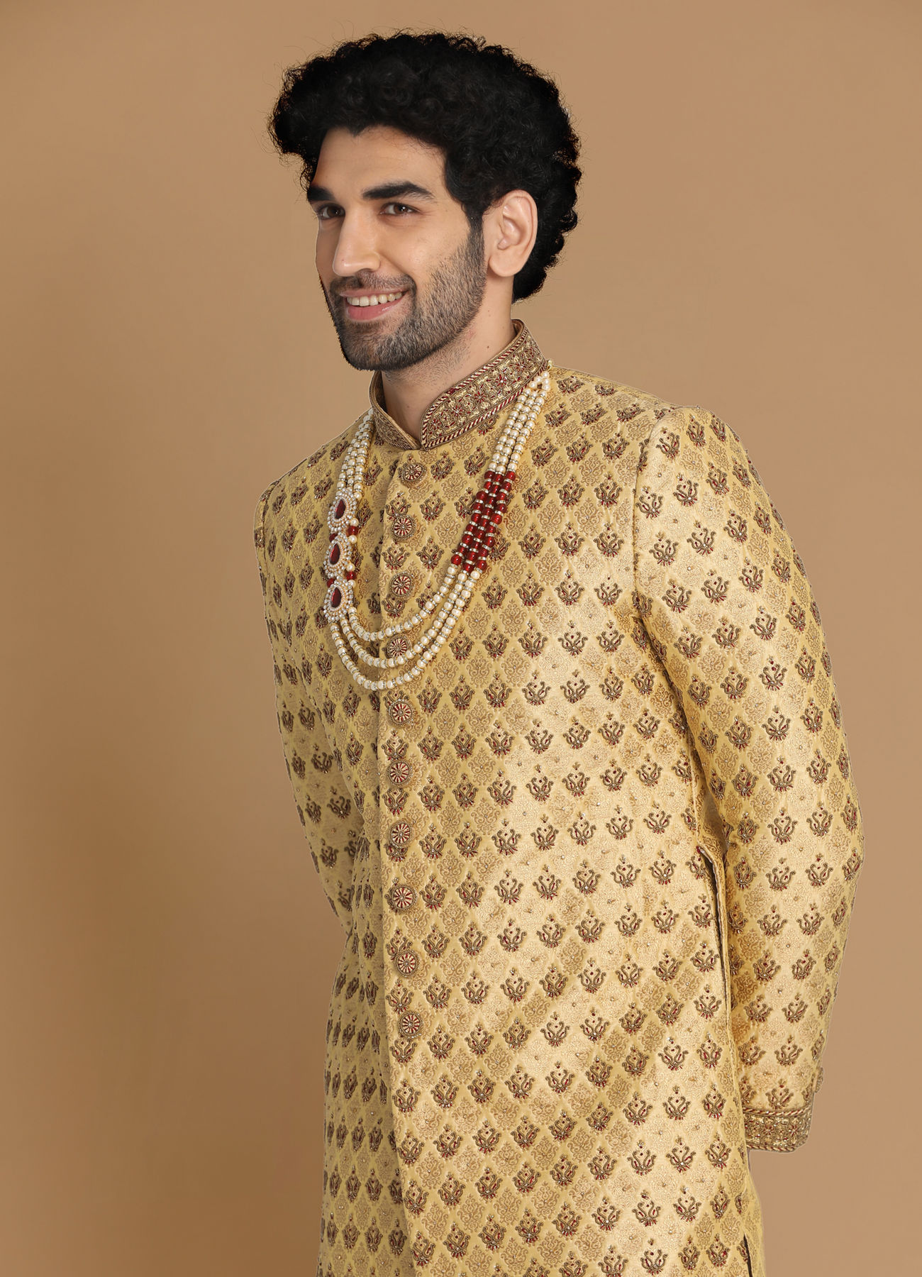 Manyavar Men Plush Fawn Sherwani Suit