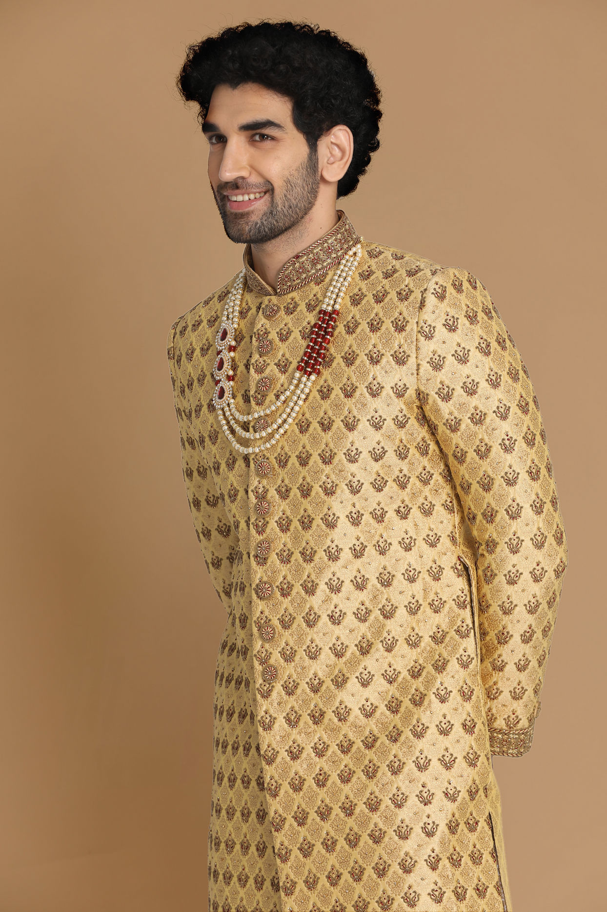 alt message - Manyavar Men Plush Fawn Sherwani Suit image number 0