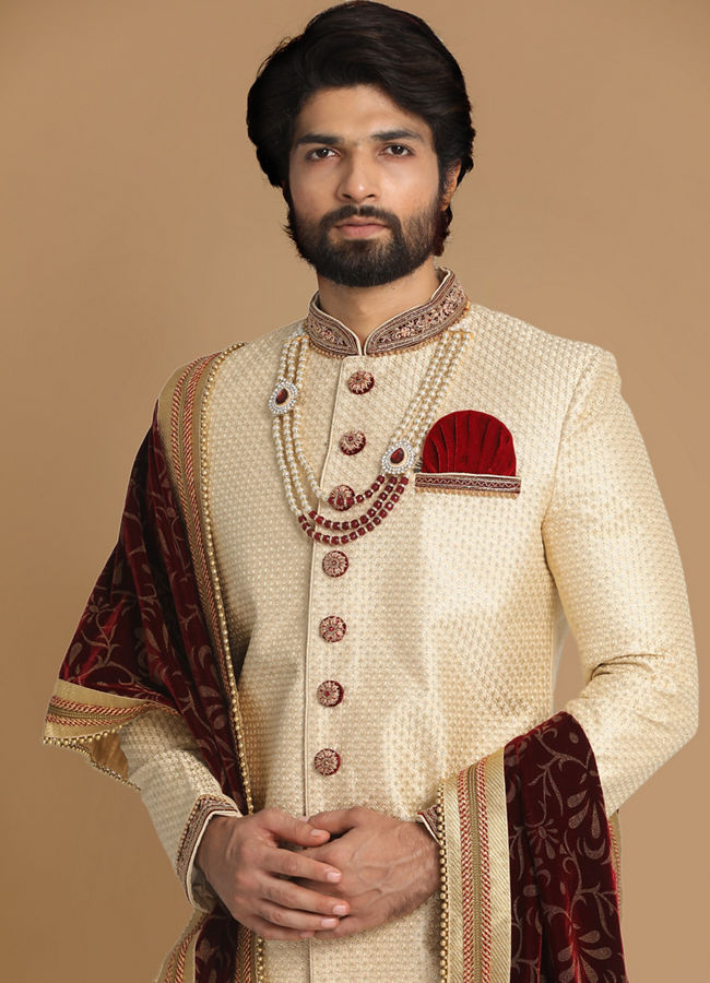 alt message - Manyavar Men Opulent Beige Sherwani Set image number 0