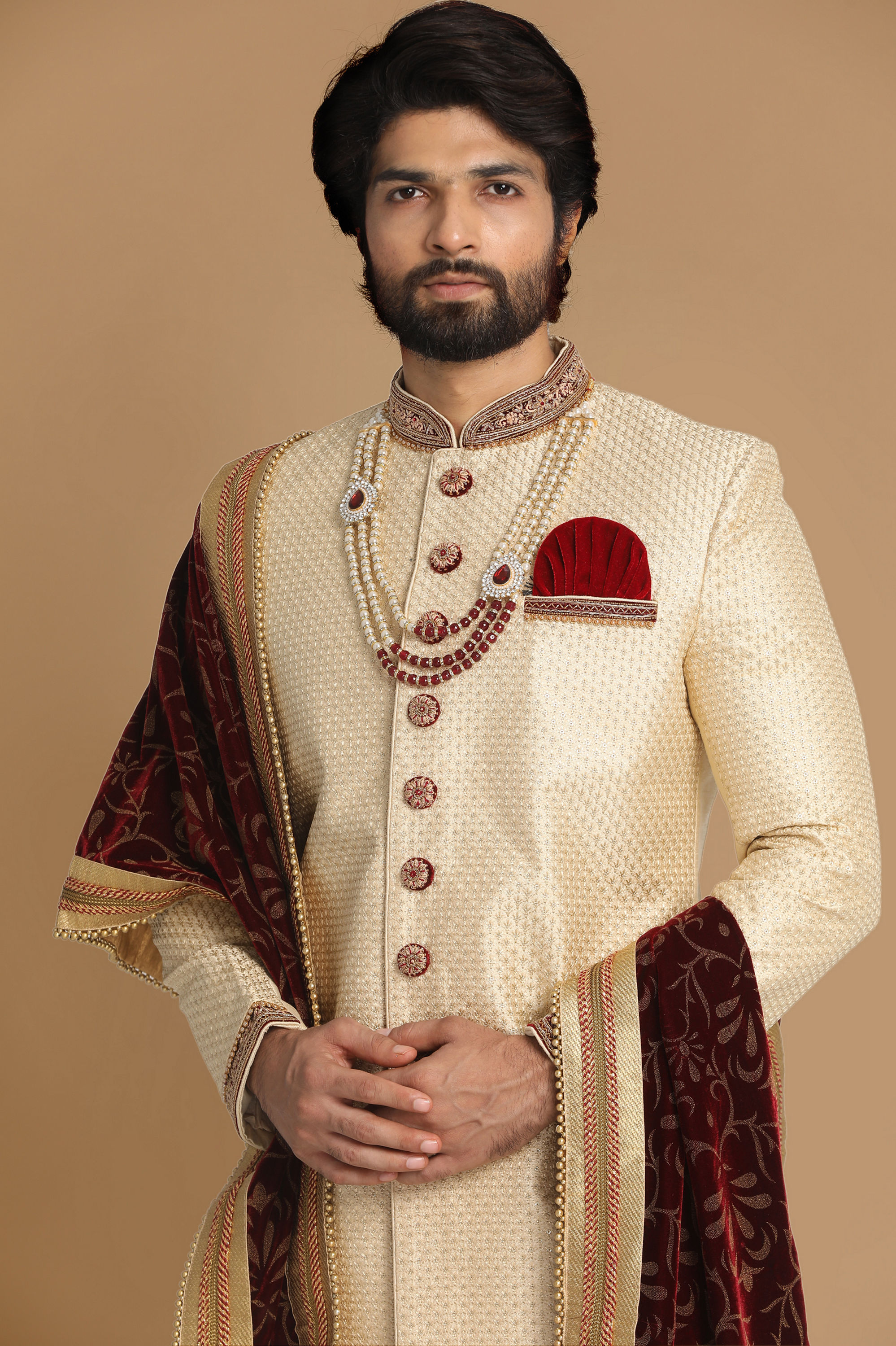 Manyavar Men Opulent Beige Sherwani Set