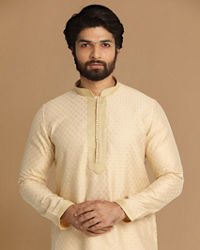 Manyavar Men Beige Self Design Kurta Pajama