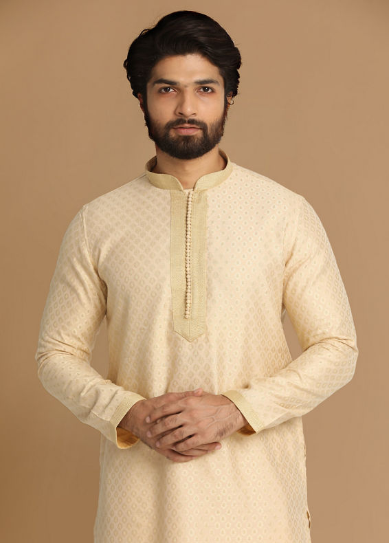 Manyavar Men Beige Self Design Kurta Pajama