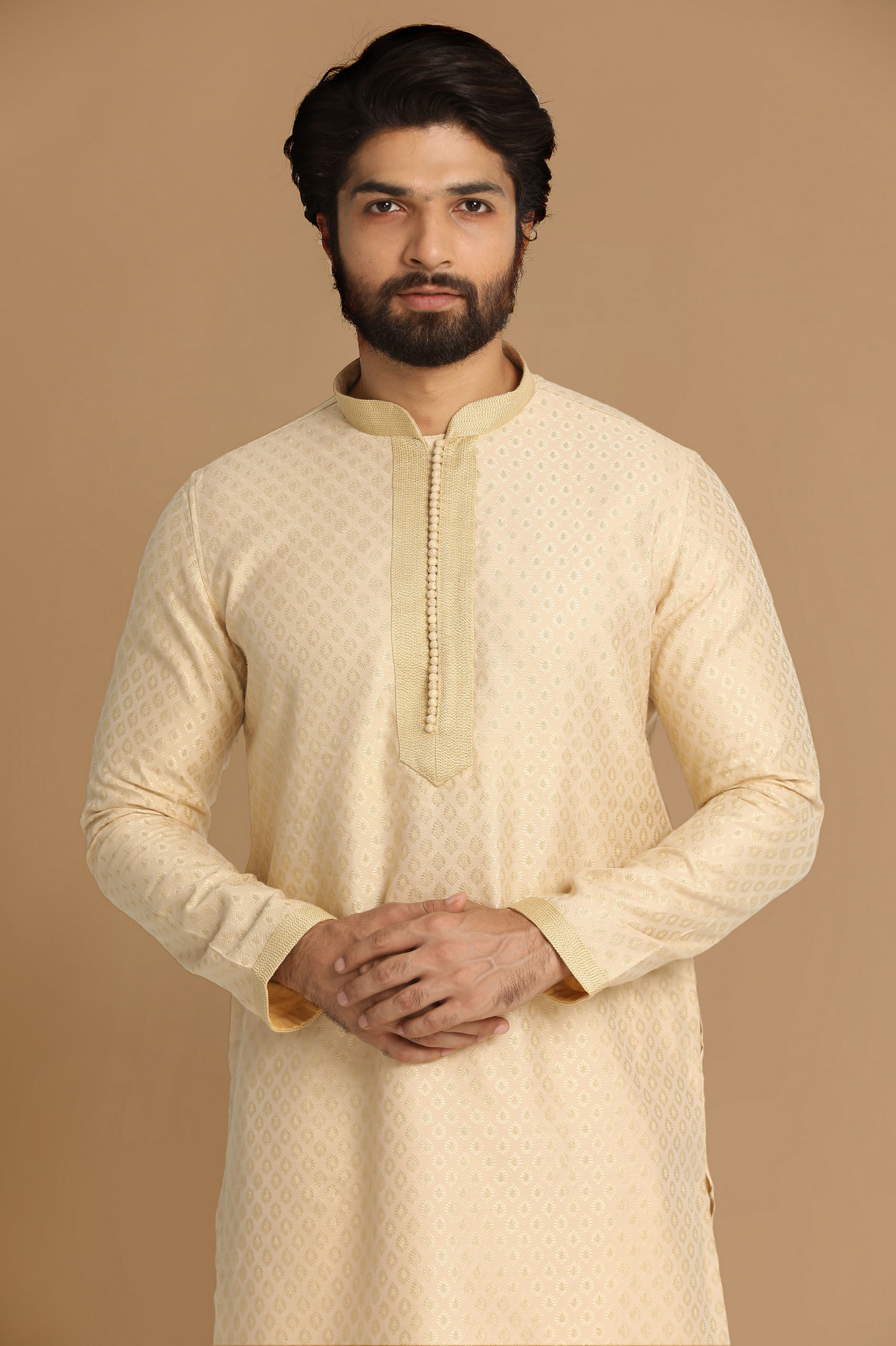Manyavar Men Beige Self Design Kurta Pajama