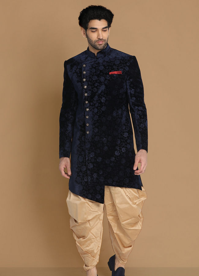 Manyavar Men Fine Blue Velvet Indo Western image number 1