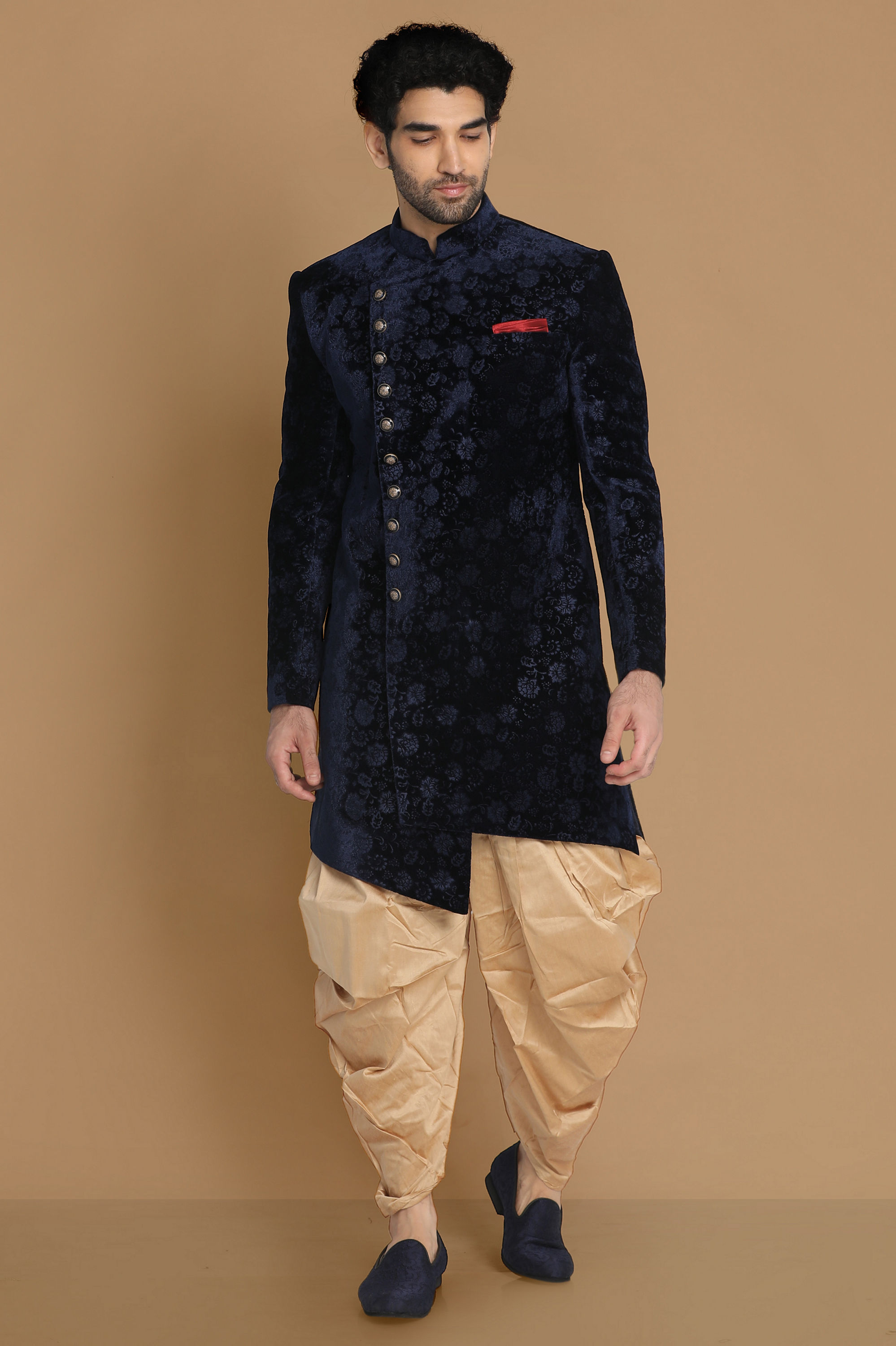 Manyavar Men Fine Blue Velvet Indo Western