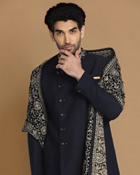 Manyavar Men Achkan Style Blue Indo Western