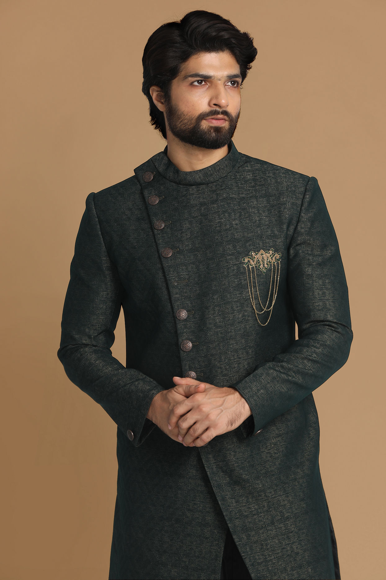 alt message - Manyavar Men Contemporary Green Indo-Western image number 0