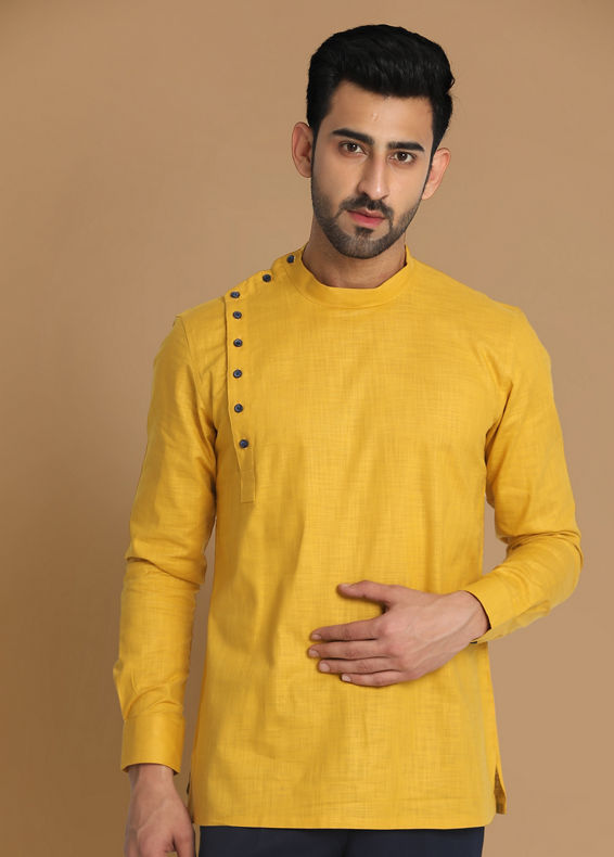 Manyavar Men Mustard Side Open Short Kurta