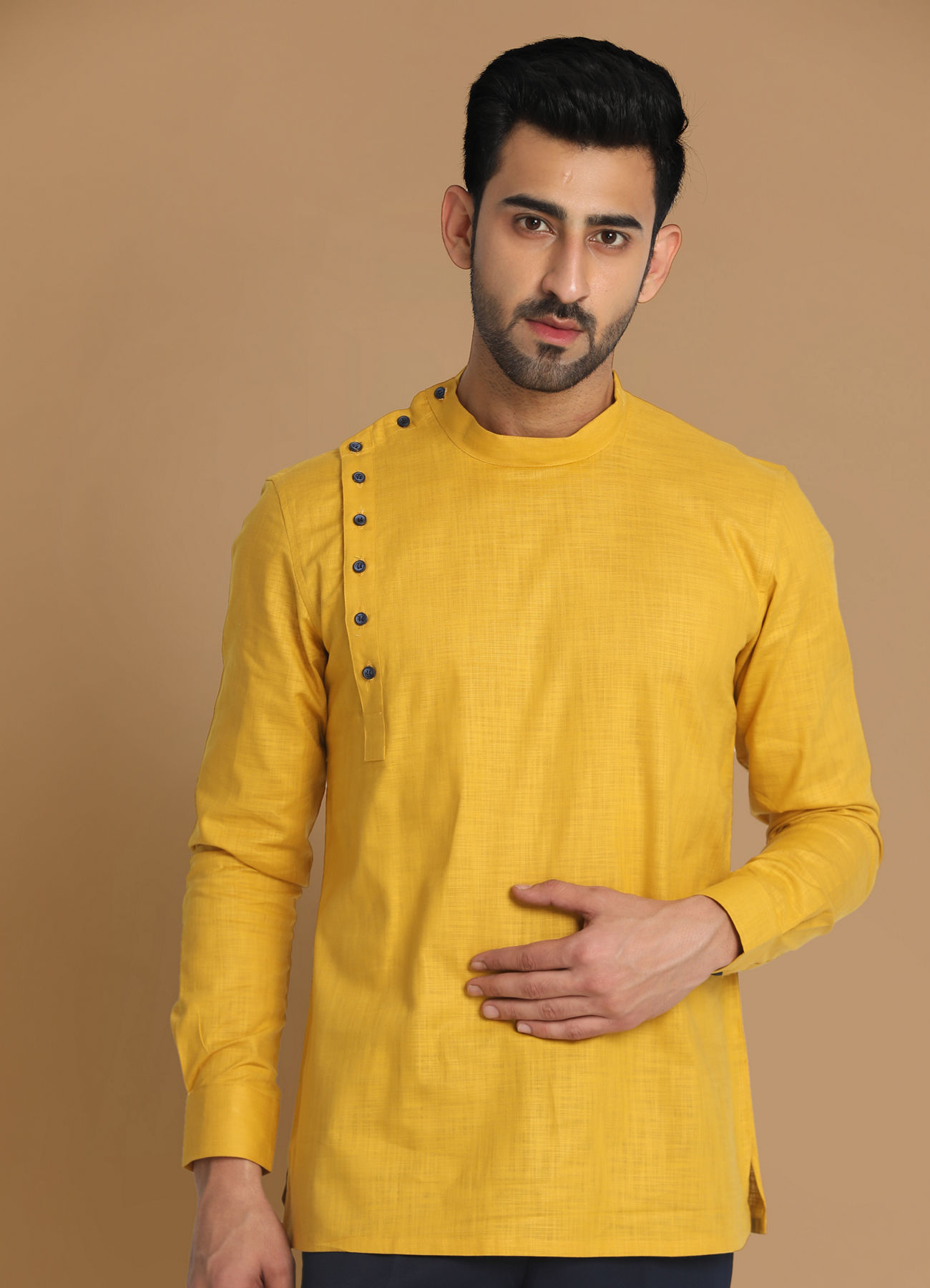 Manyavar Men Mustard Side Open Short Kurta