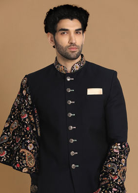 alt message - Manyavar Men Classy Blue Indo Western Set image number 0