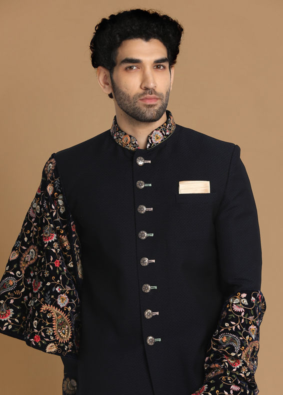 Manyavar Men Classy Blue Indo Western Set