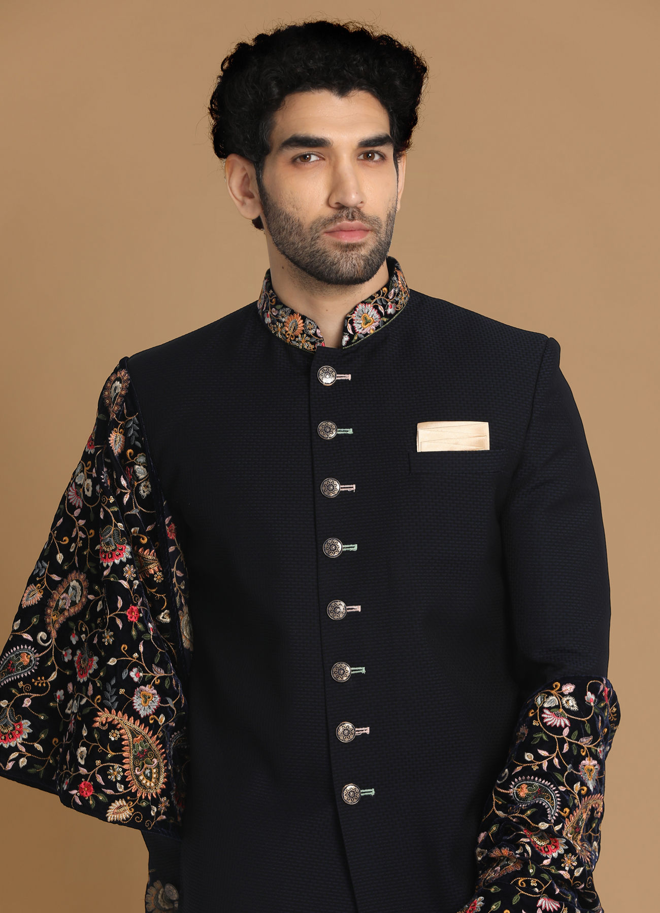 Manyavar Men Classy Blue Indo Western Set