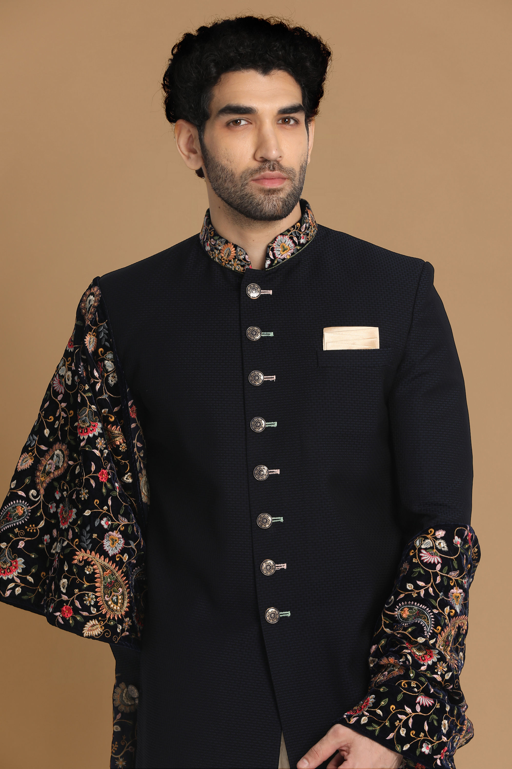 Manyavar Men Classy Blue Indo Western Set