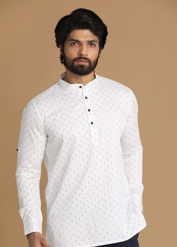 Manyavar Men White Booti Print Short Kurta