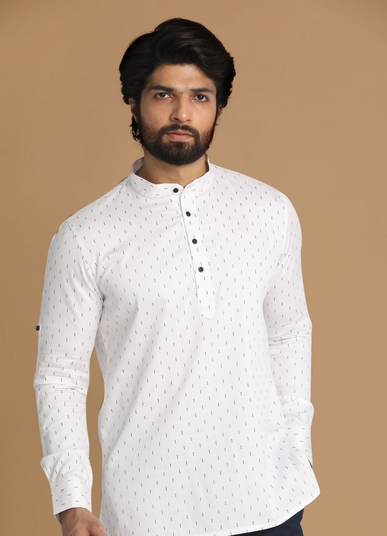 Manyavar Men White Booti Print Short Kurta