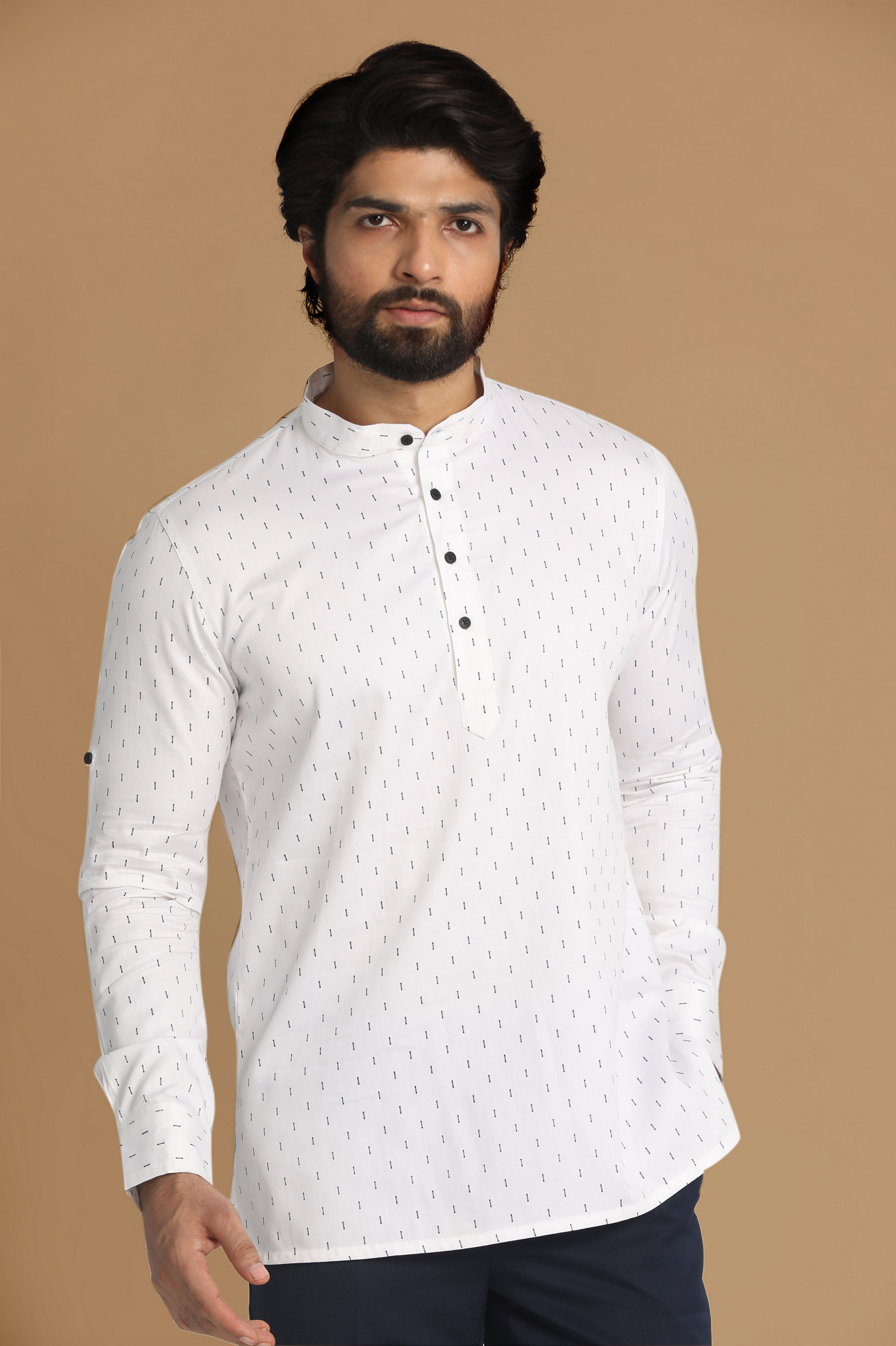 Manyavar Men White Booti Print Short Kurta
